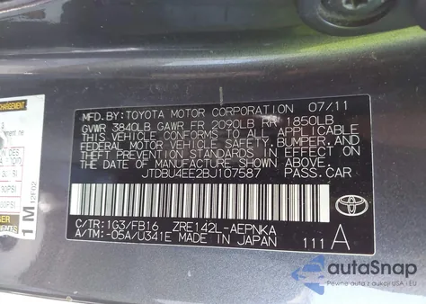 2011 Toyota Corolla Le из США, поврежденный, VIN JTDBU4EE2BJ107587